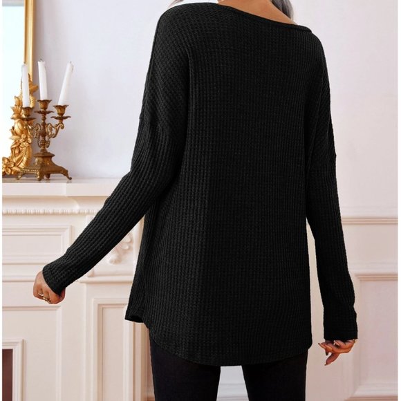 Waffle Knit Drop Shoulder V Neck Tee - Picture 2 of 6